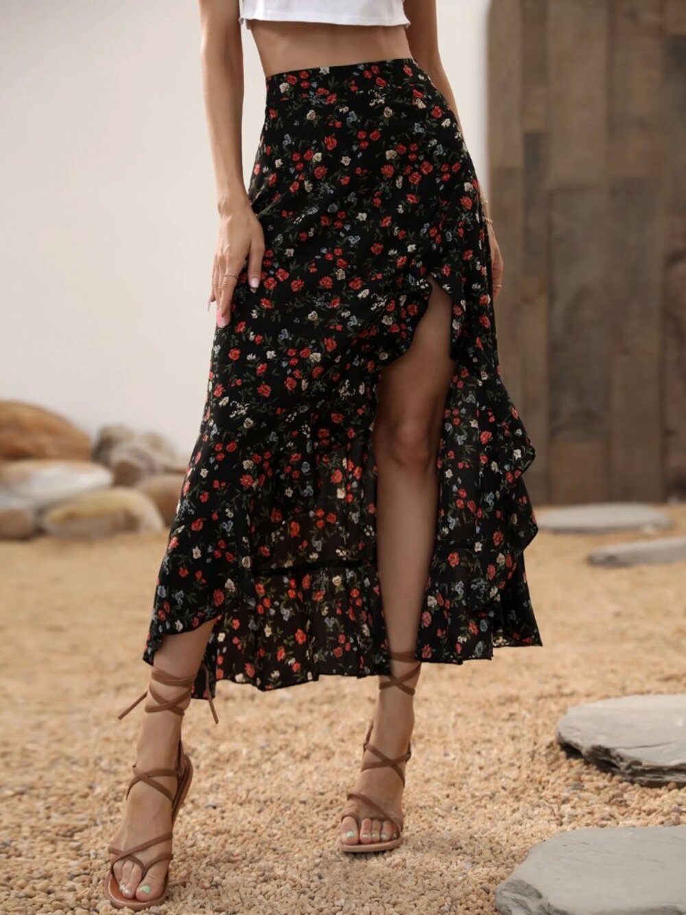 Black Floral High Waist Asymmetrical Hem Midi Skirt Split Thigh